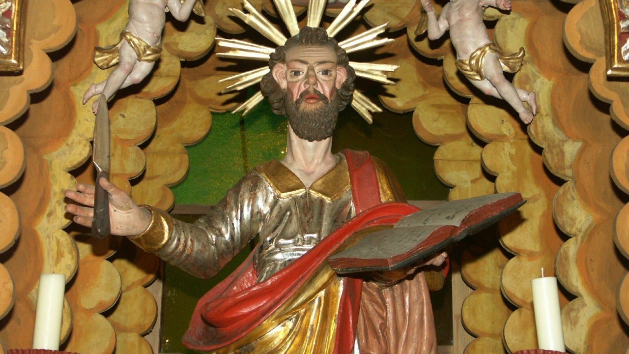 Image: Der hl. Bartholomäus am Hauptaltar der Filialkirche des hl. Bartholomäus in Oberloibach/Zgornje Libuče, Foto: Milan Piko