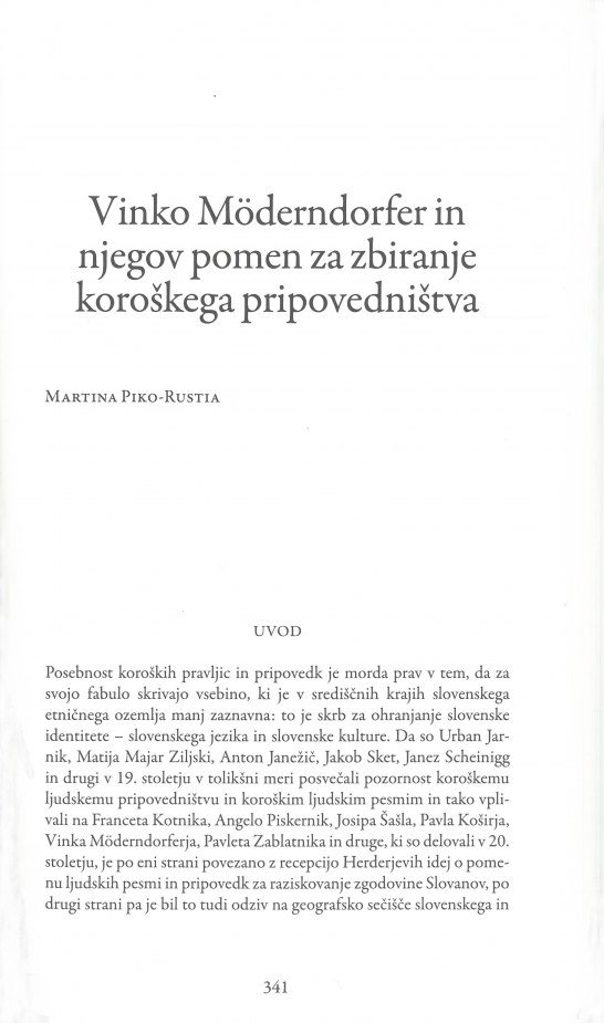 Cover: Vinko Möderndorfer in njegov pomen za zbiranje koroškega pripovedništva
